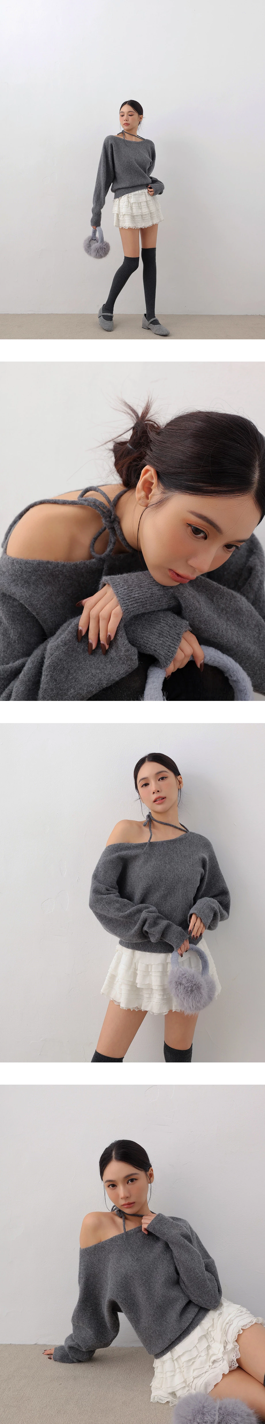 Soft Fuzzy Asymmetric Shoulder Tie Neck Knit Sweater Soft Fuzzy Asymmetric Shoulder Tie Neck Knit Sweater