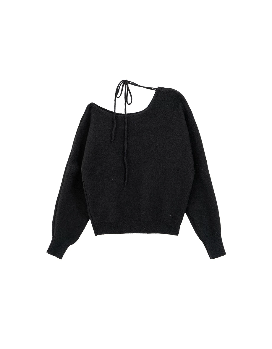 Soft Fuzzy Asymmetric Shoulder Tie Neck Knit Sweater Soft Fuzzy Asymmetric Shoulder Tie Neck Knit Sweater