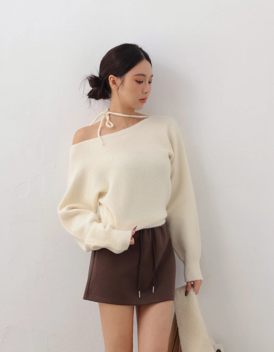 Soft Fuzzy Asymmetric Shoulder Tie Neck Knit Sweater Soft Fuzzy Asymmetric Shoulder Tie Neck Knit Sweater