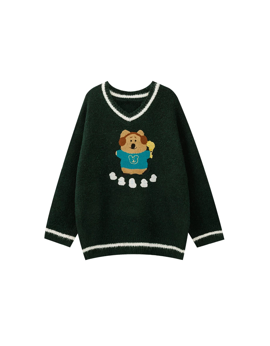 【DINOTAENG】V-Neck Long Sleeves Embroidery Knit Sweater