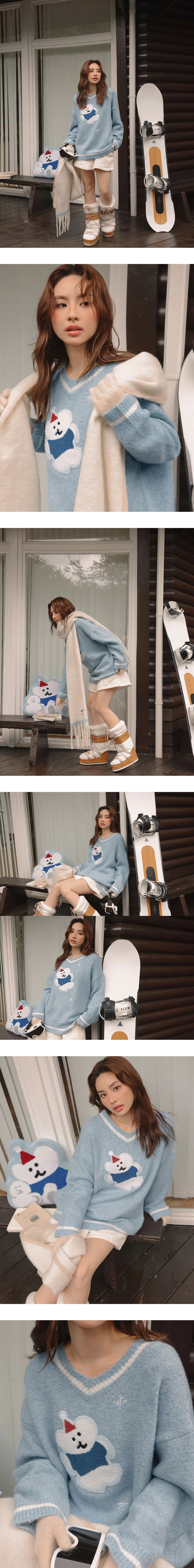 【DINOTAENG】V-Neck Long Sleeves Embroidery Knit Sweater