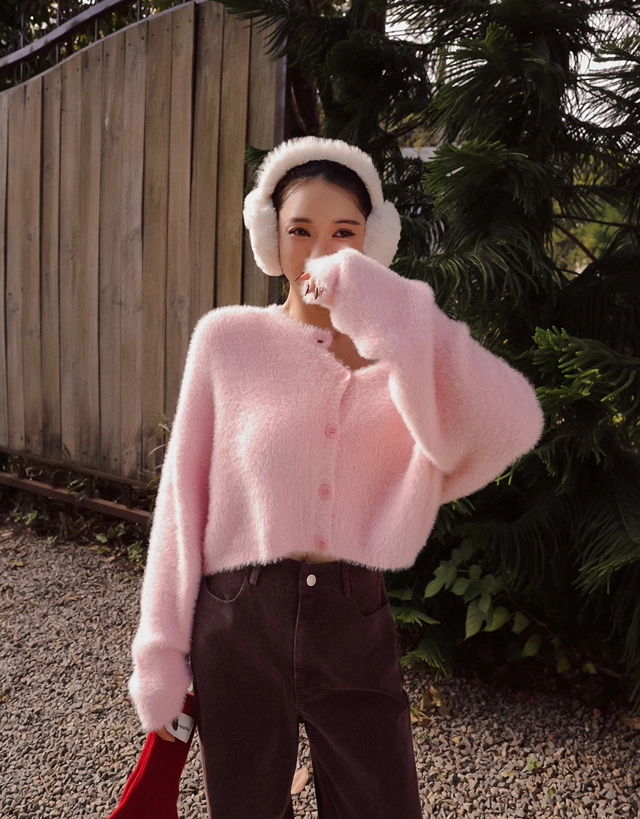 Soft Fuzzy Knit Button Front Cropped Cardigan