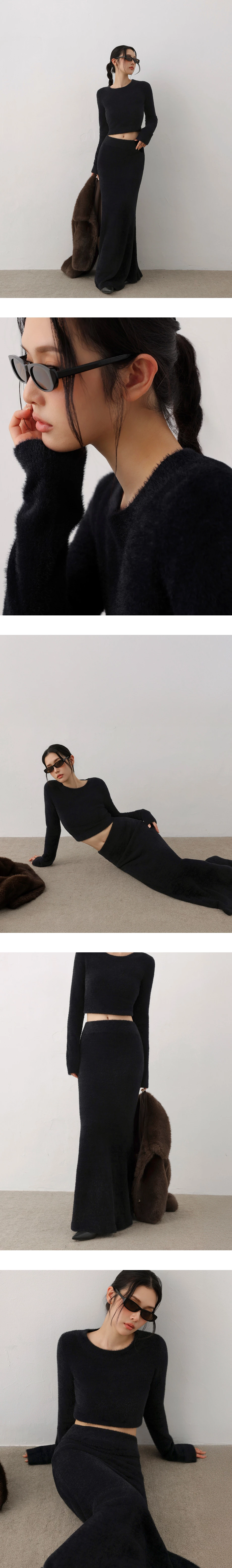 Fluffy Faux Fur Knit Crew Neck Cropped Long Sleeve Sweater