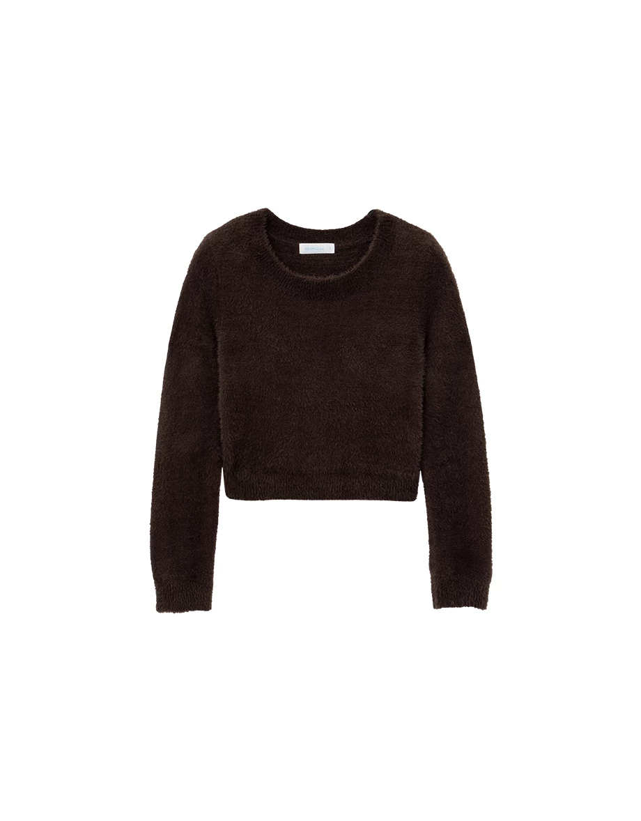 Fluffy Faux Fur Knit Crew Neck Cropped Long Sleeve Sweater