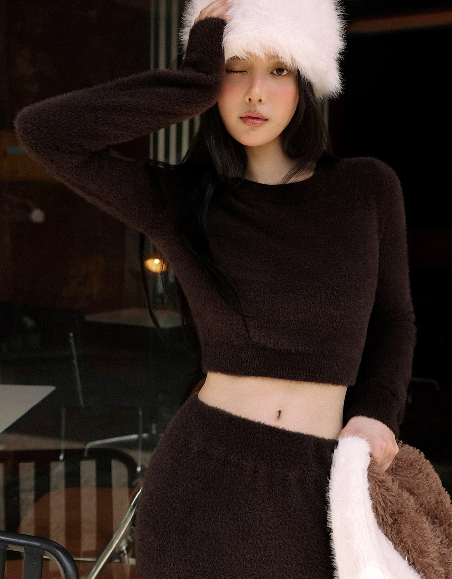 Fluffy Faux Fur Knit Crew Neck Cropped Long Sleeve Sweater