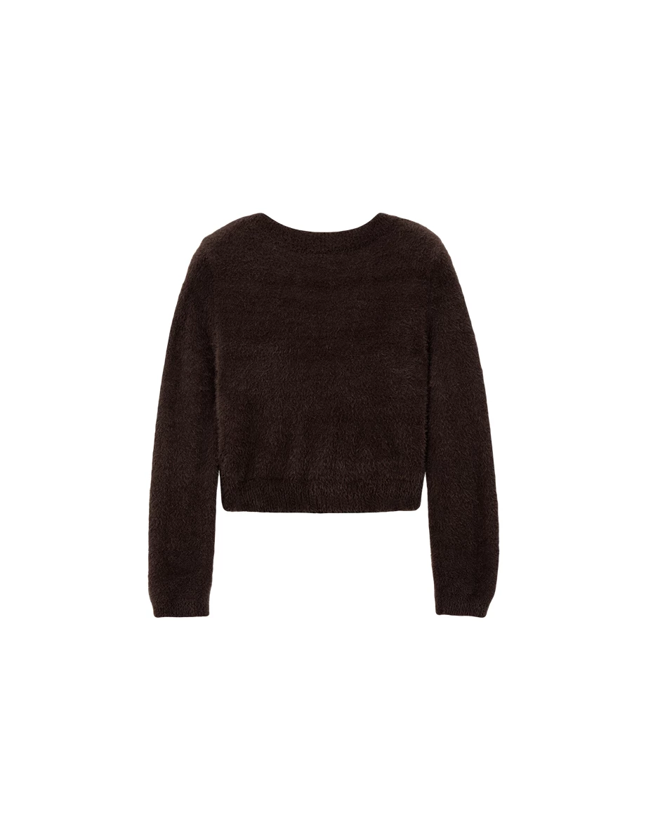 Fluffy Faux Fur Knit Crew Neck Cropped Long Sleeve Sweater