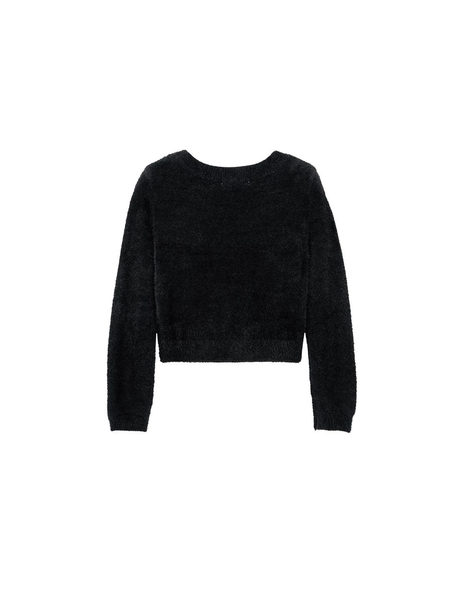 Fluffy Faux Fur Knit Crew Neck Cropped Long Sleeve Sweater