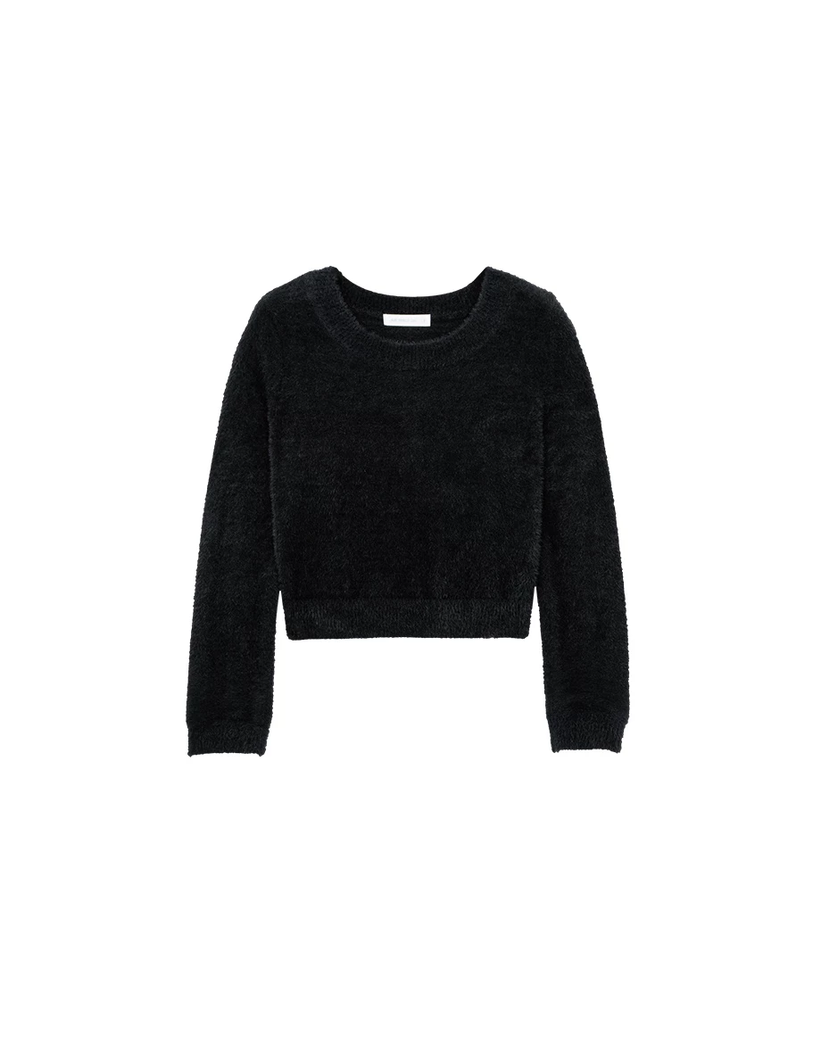 Fluffy Faux Fur Knit Crew Neck Cropped Long Sleeve Sweater