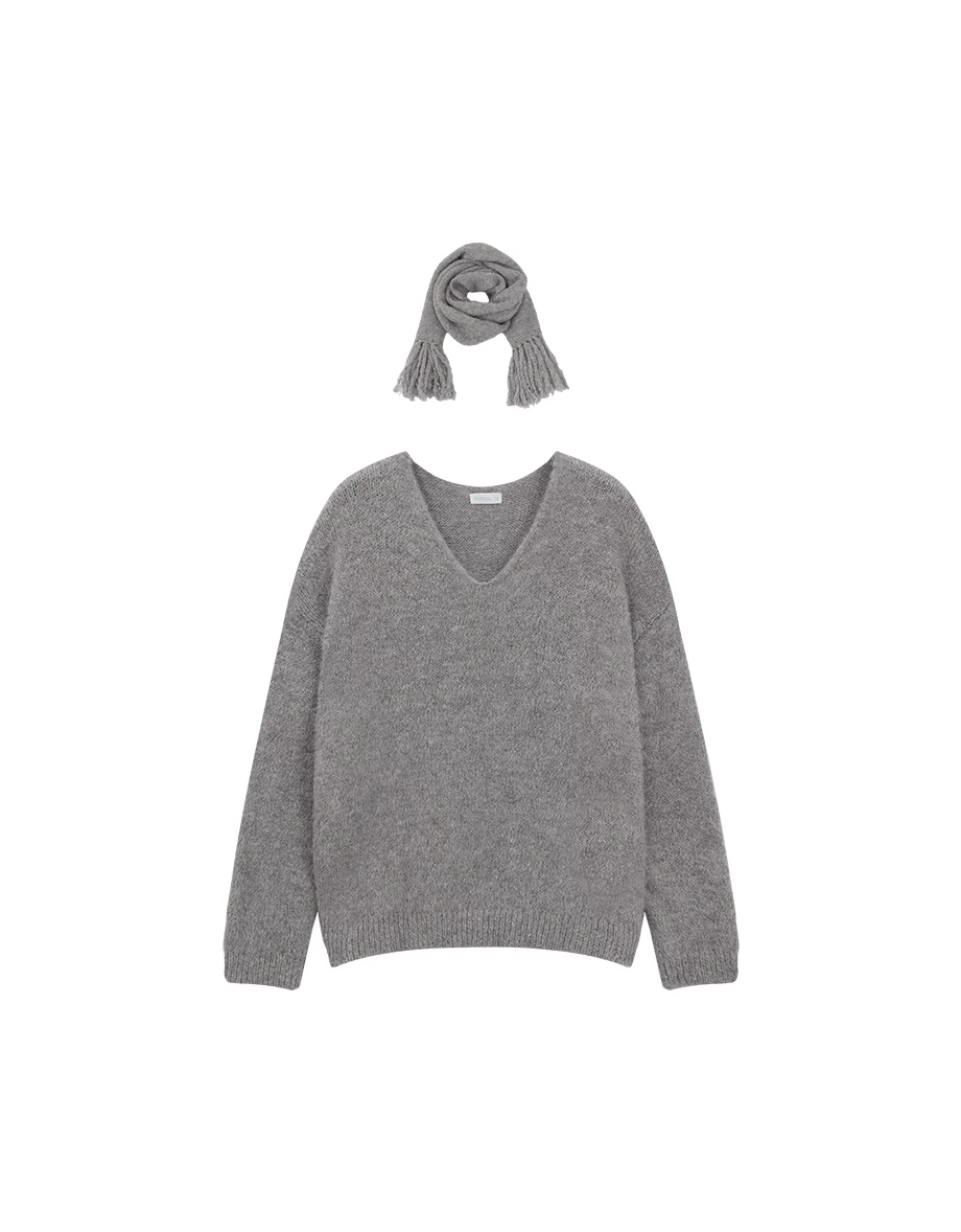 Loose Fit Fluffy Knit V Neck Sweater (with Detachable Scarf)