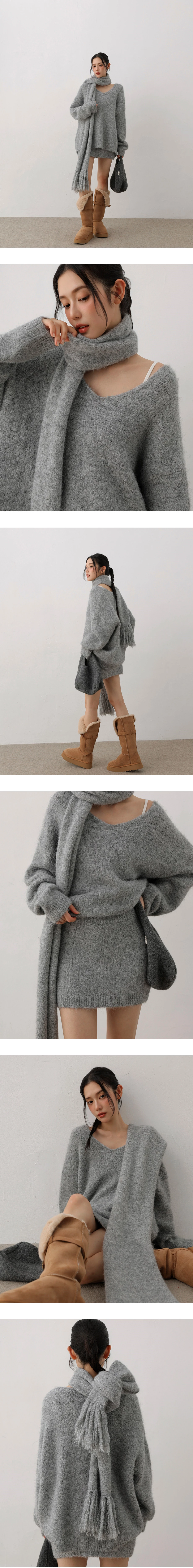 Loose Fit Fluffy Knit V Neck Sweater (with Detachable Scarf)