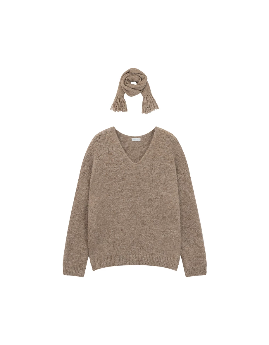Loose Fit Fluffy Knit V Neck Sweater (with Detachable Scarf)