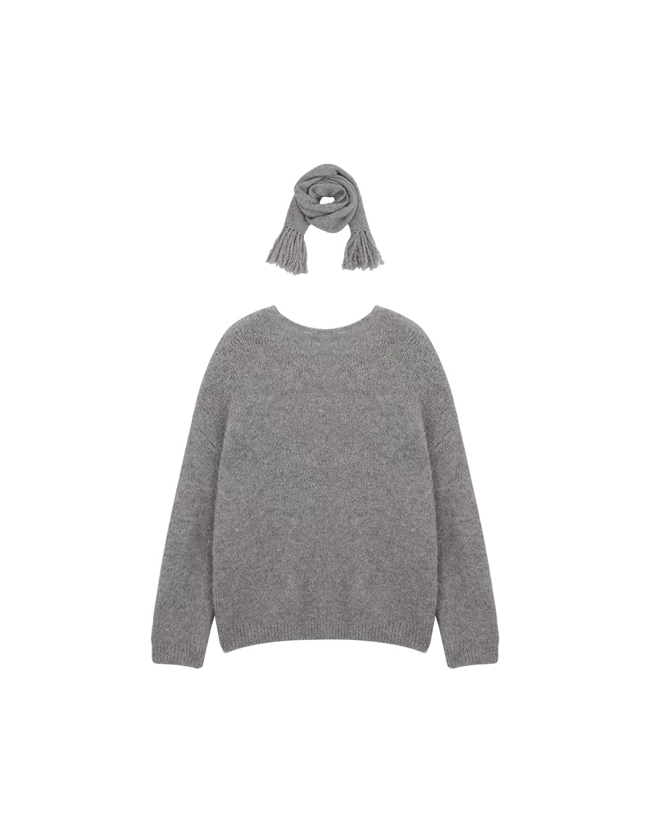 Loose Fit Fluffy Knit V Neck Sweater (with Detachable Scarf)