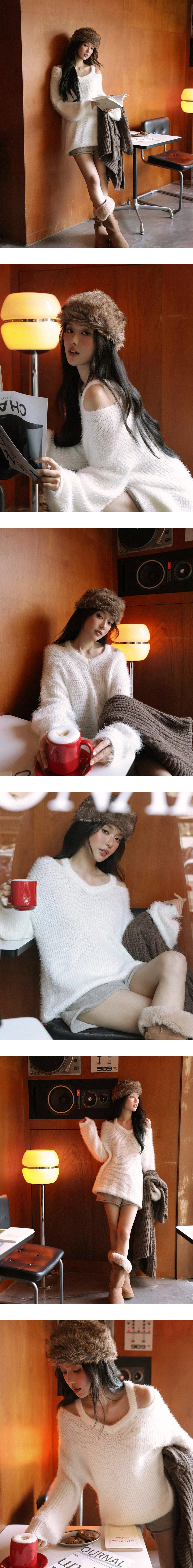 Cut Out Shoulder V Neck Oversized Fuzzy Sweater Cut Out Shoulder V Neck Oversized Fuzzy Sweater