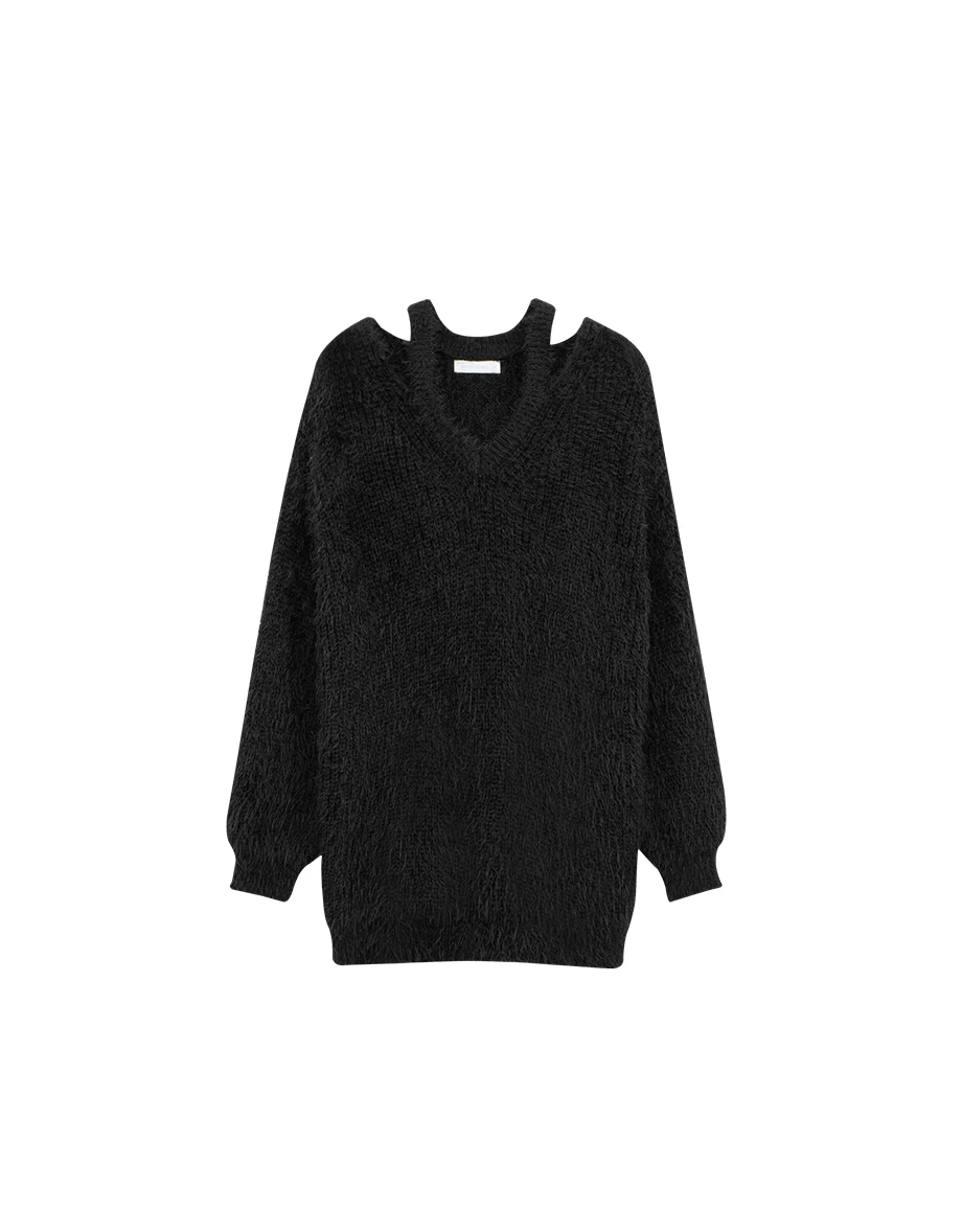 Cut Out Shoulder V Neck Oversized Fuzzy Sweater Cut Out Shoulder V Neck Oversized Fuzzy Sweater