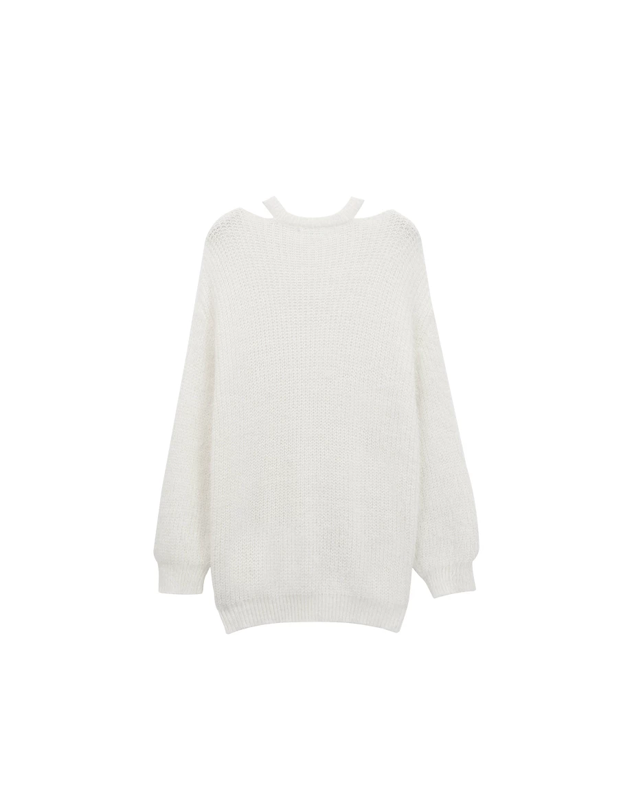 Cut Out Shoulder V Neck Oversized Fuzzy Sweater
