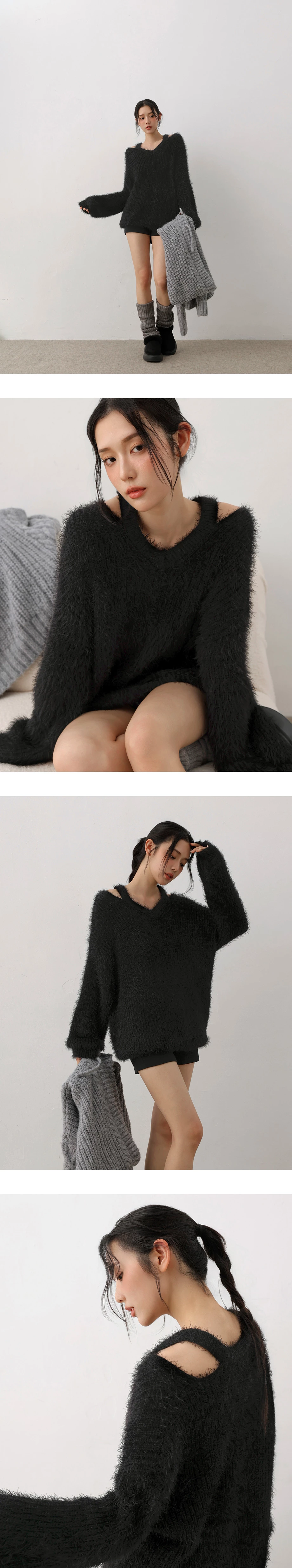 Cut Out Shoulder V Neck Oversized Fuzzy Sweater Cut Out Shoulder V Neck Oversized Fuzzy Sweater