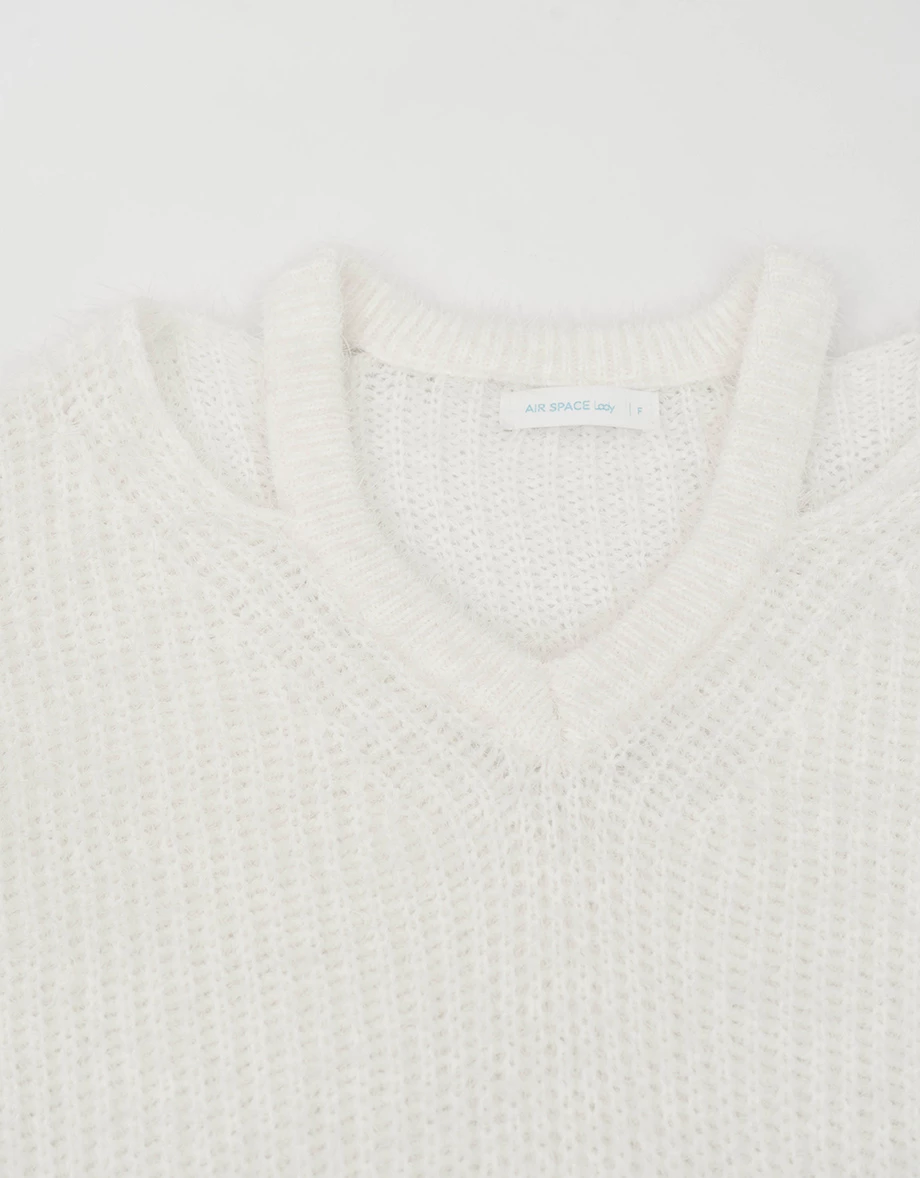 Cut Out Shoulder V Neck Oversized Fuzzy Sweater