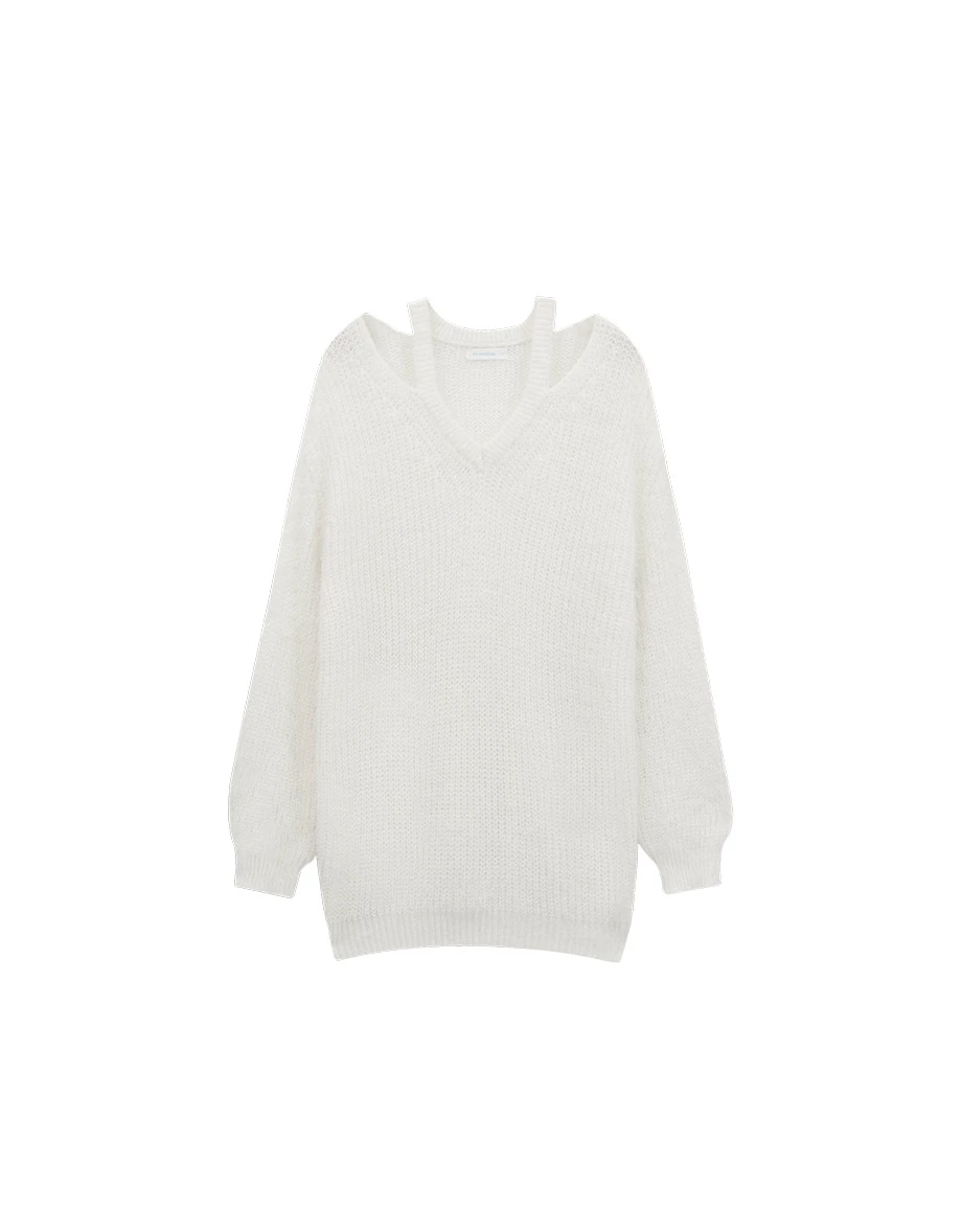 Cut Out Shoulder V Neck Oversized Fuzzy Sweater