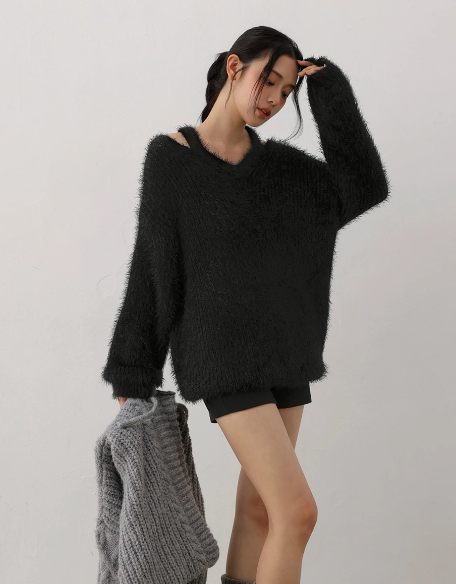 Cut Out Shoulder V Neck Oversized Fuzzy Sweater Cut Out Shoulder V Neck Oversized Fuzzy Sweater