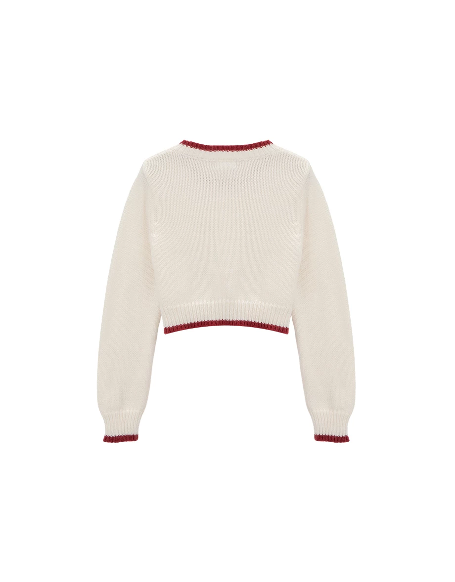 Contrast Trim Heart Button Cropped Knit Cardigan