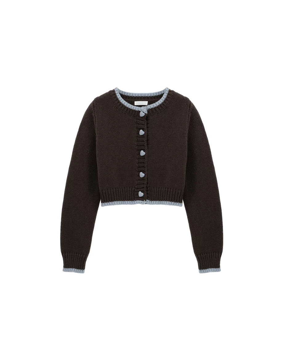 Contrast Trim Heart Button Cropped Knit Cardigan