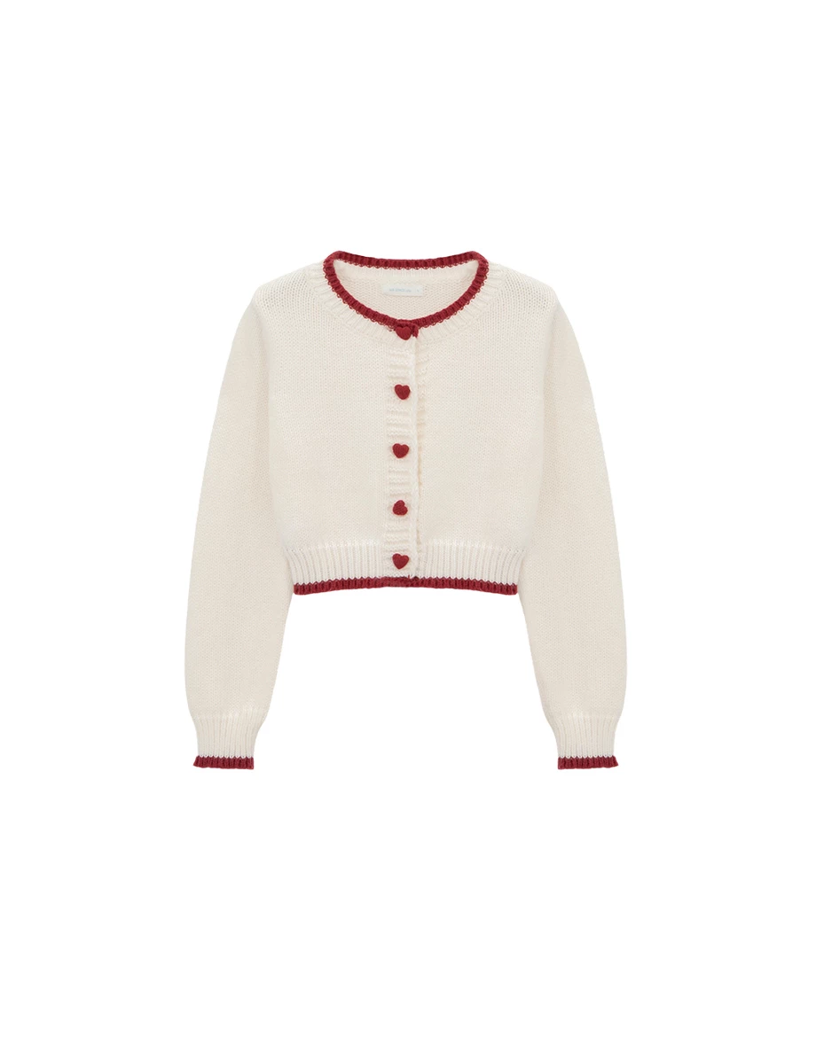Contrast Trim Heart Button Cropped Knit Cardigan