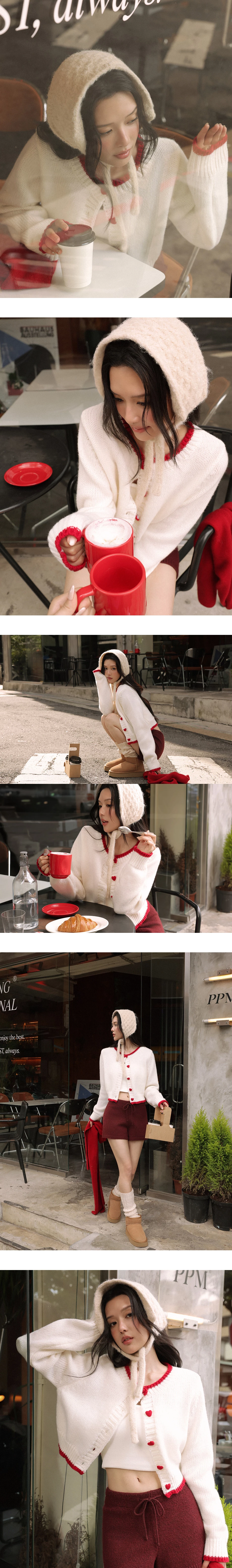 Contrast Trim Heart Button Cropped Knit Cardigan