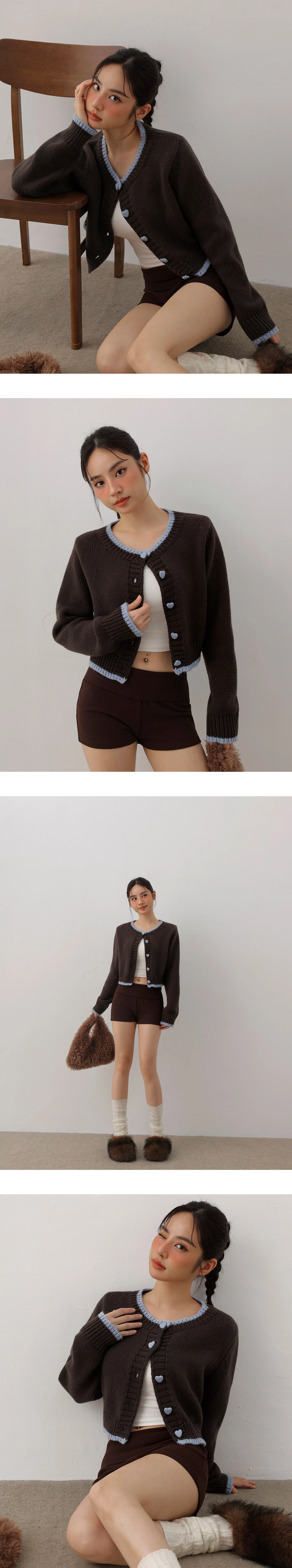 Contrast Trim Heart Button Cropped Knit Cardigan