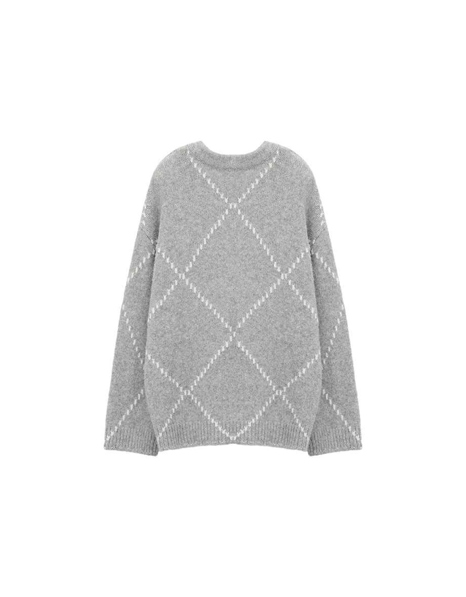 Oversized V Neck Argyle Knit Longline Sweater