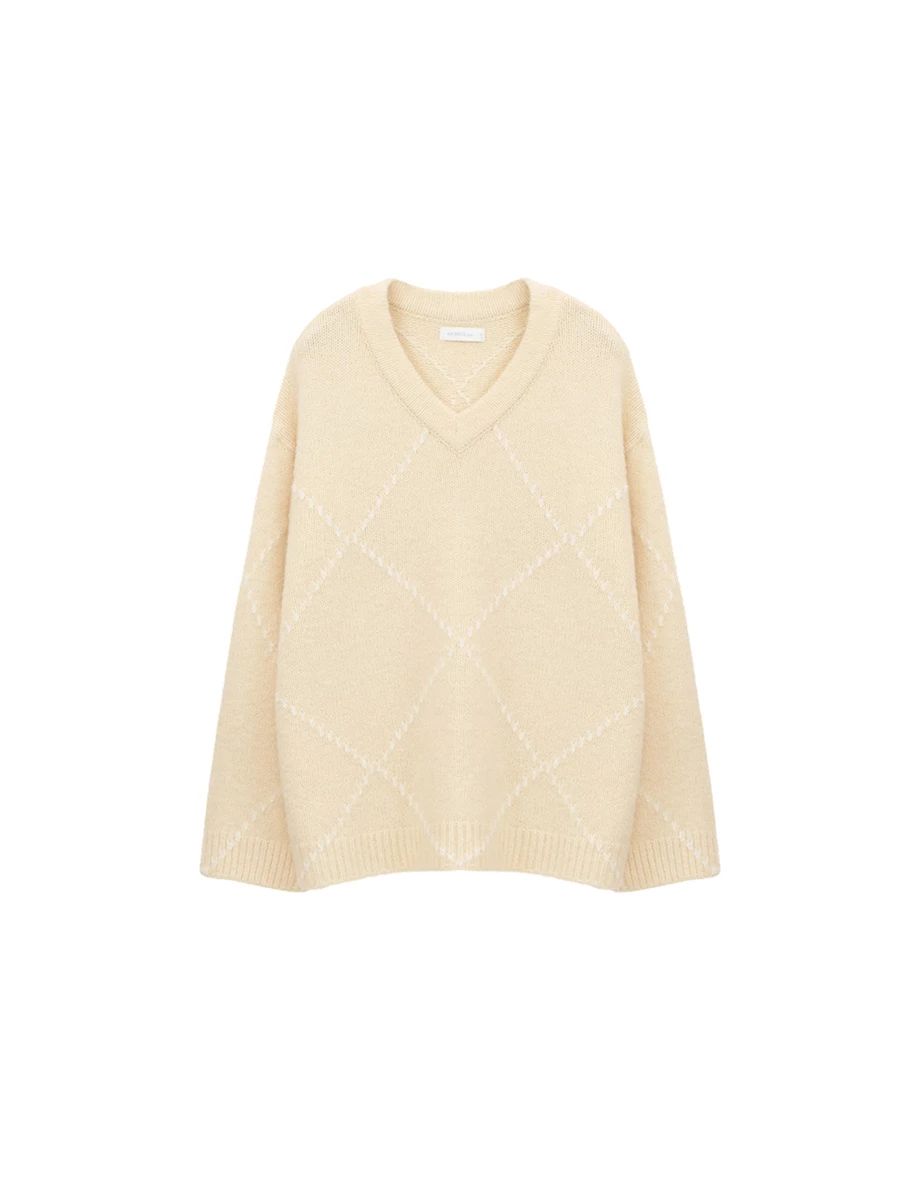 Oversized V Neck Argyle Knit Longline Sweater