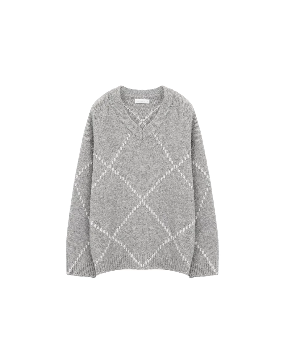 Oversized V Neck Argyle Knit Longline Sweater