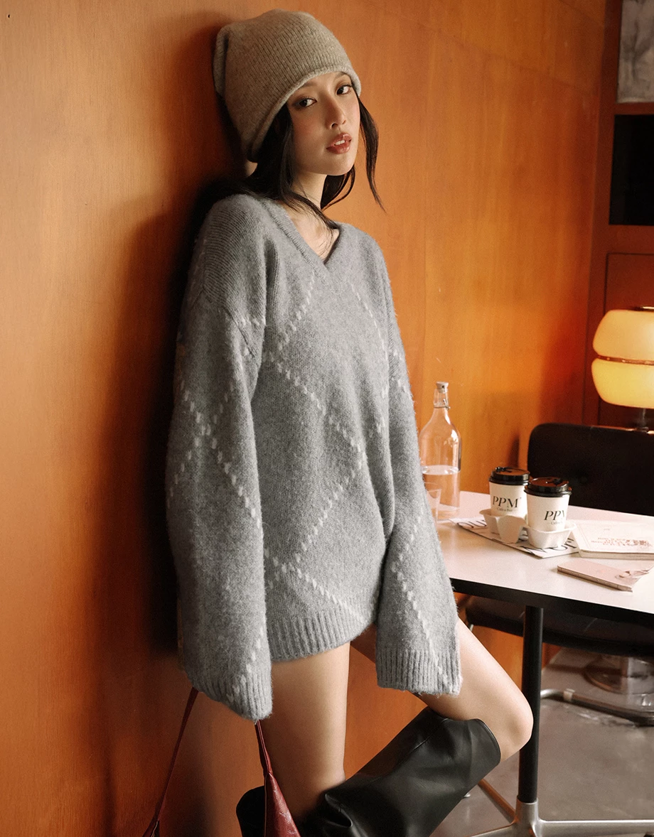 Oversized V Neck Argyle Knit Longline Sweater
