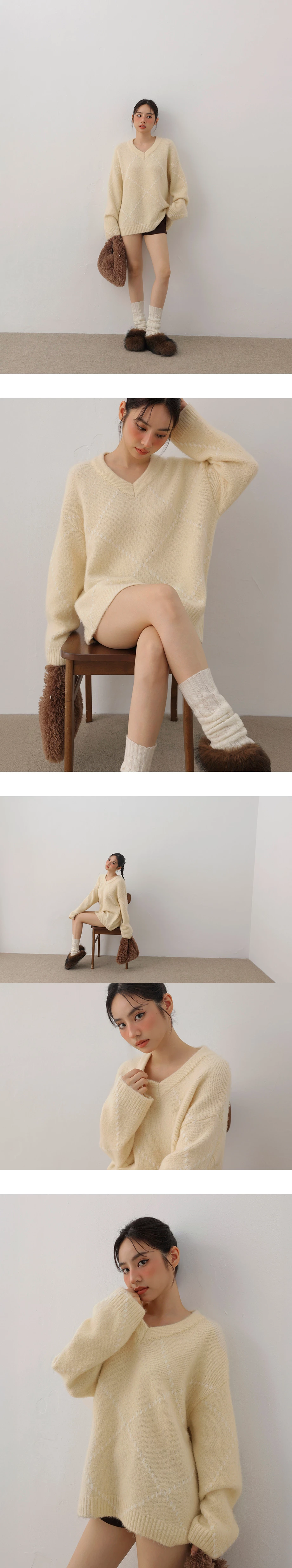 Oversized V Neck Argyle Knit Longline Sweater