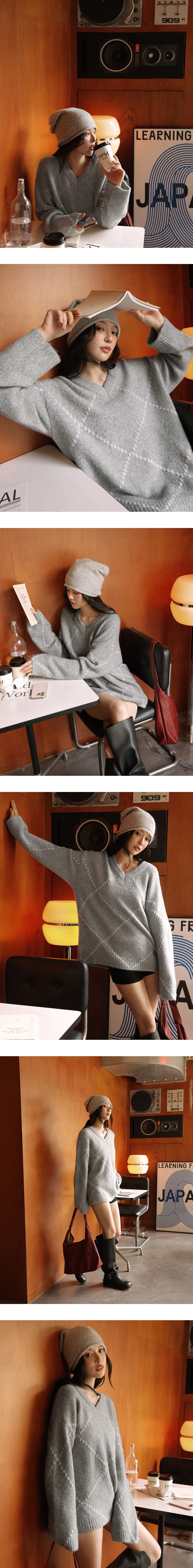 Oversized V Neck Argyle Knit Longline Sweater