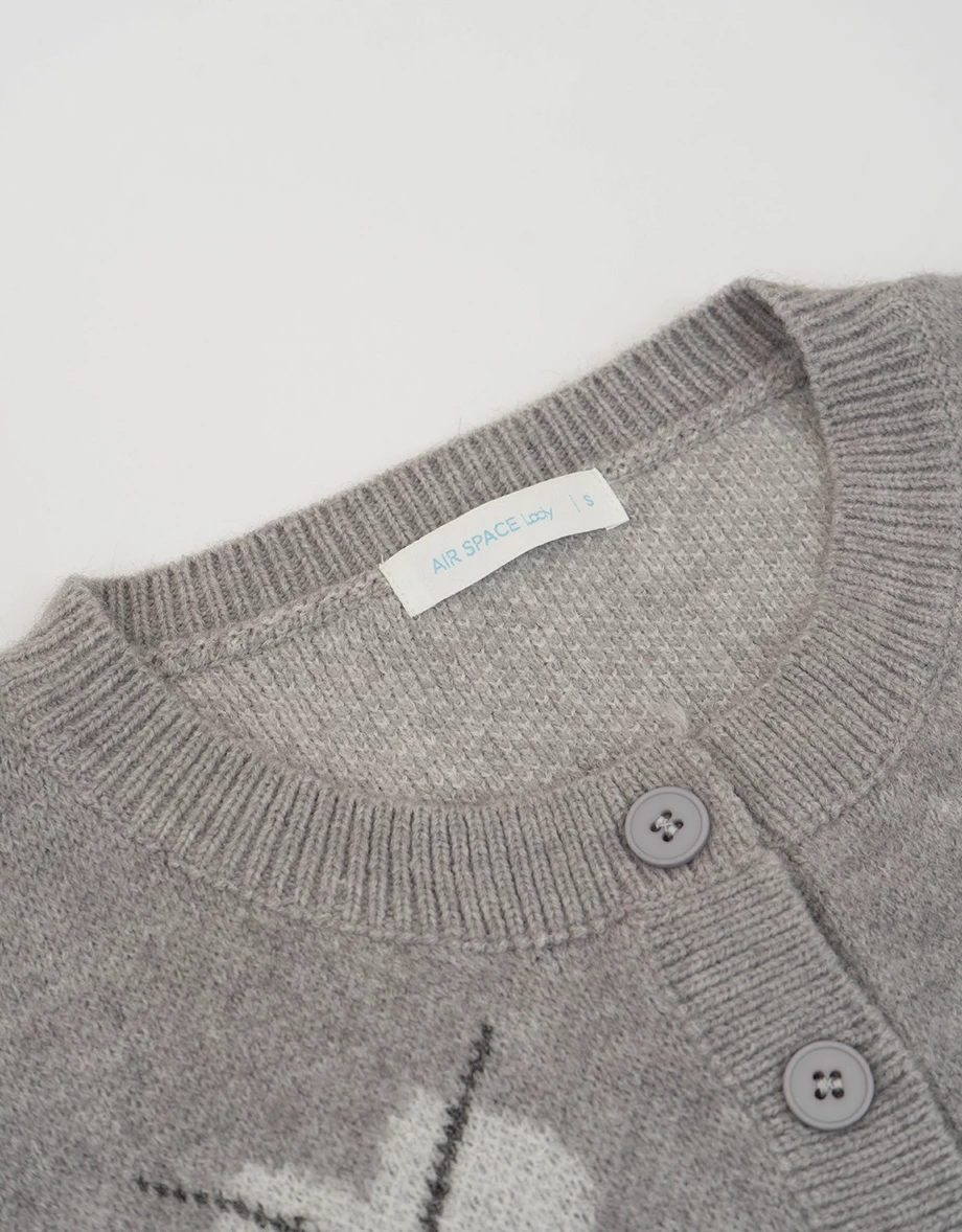 Argyle Heart Pattern Button Front Cropped Knit Cardigan