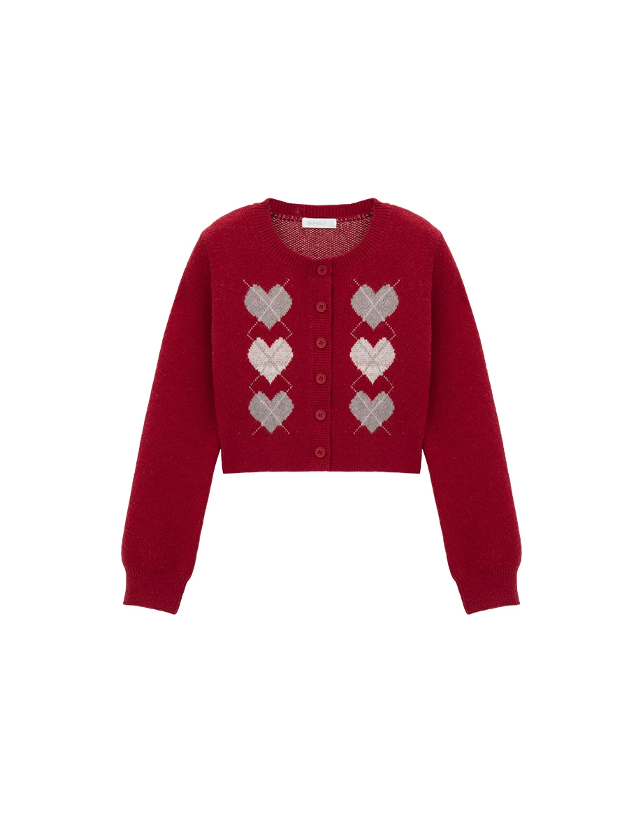Argyle Heart Pattern Button Front Cropped Knit Cardigan
