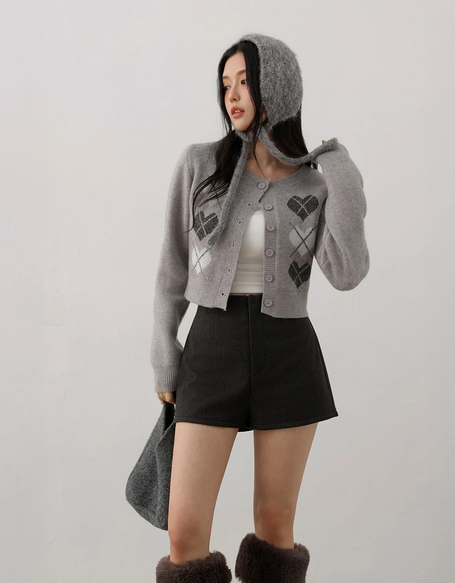 Argyle Heart Pattern Button Front Cropped Knit Cardigan