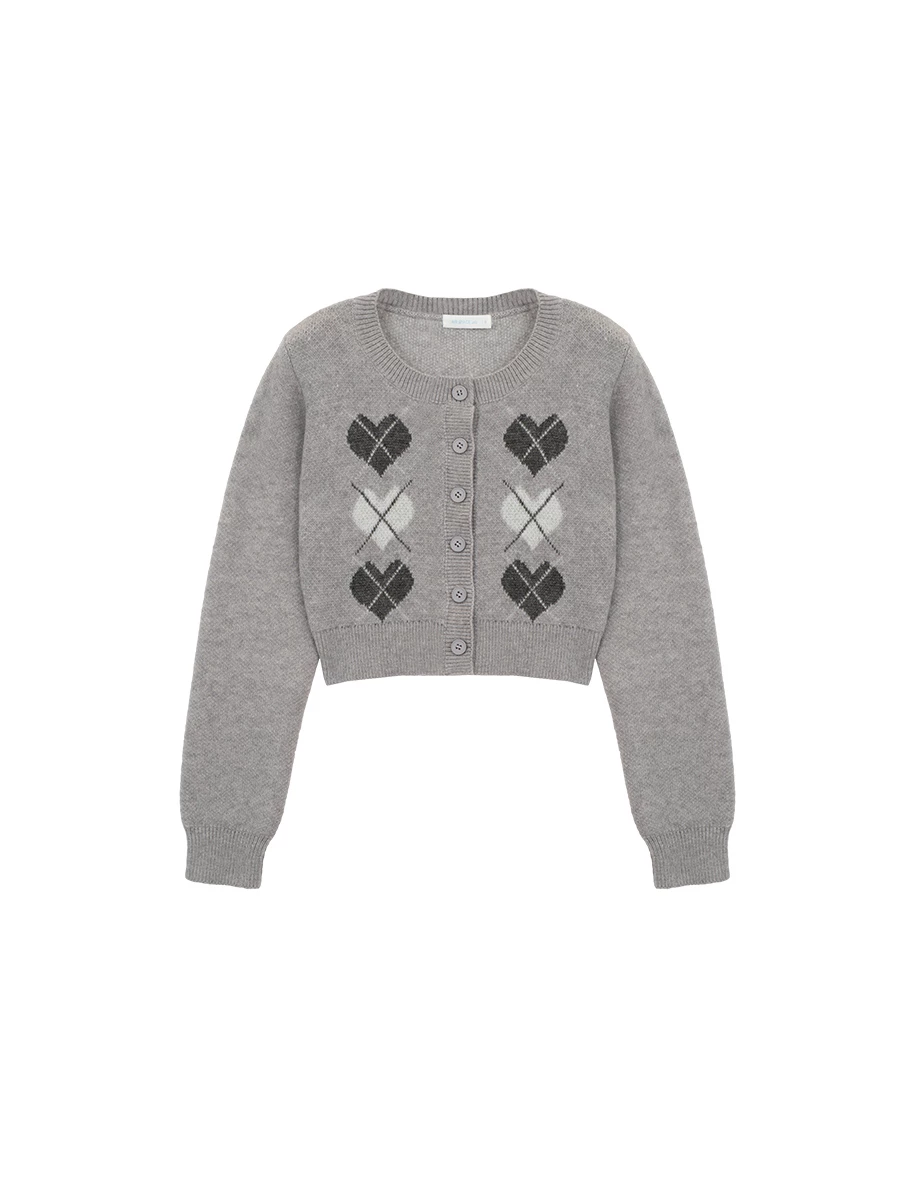 Argyle Heart Pattern Button Front Cropped Knit Cardigan