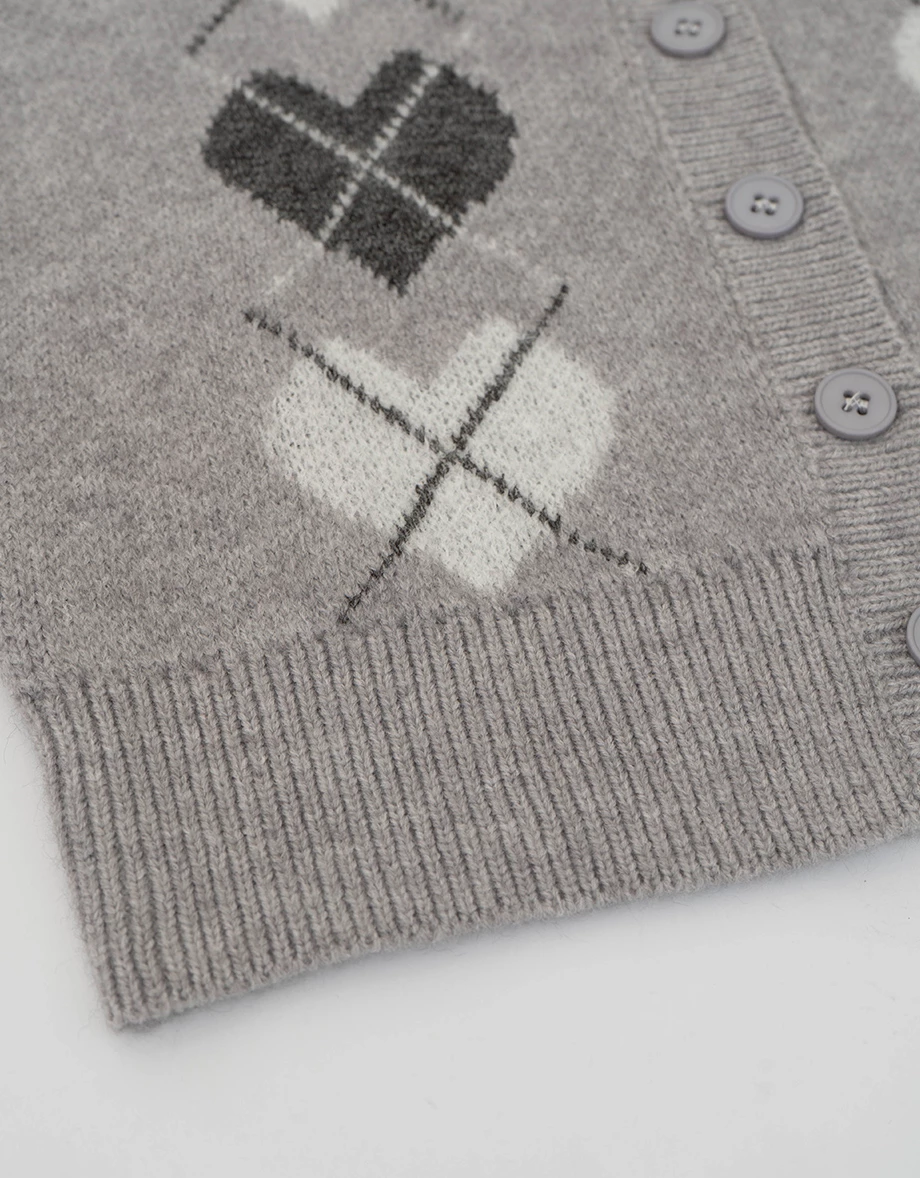 Argyle Heart Pattern Button Front Cropped Knit Cardigan