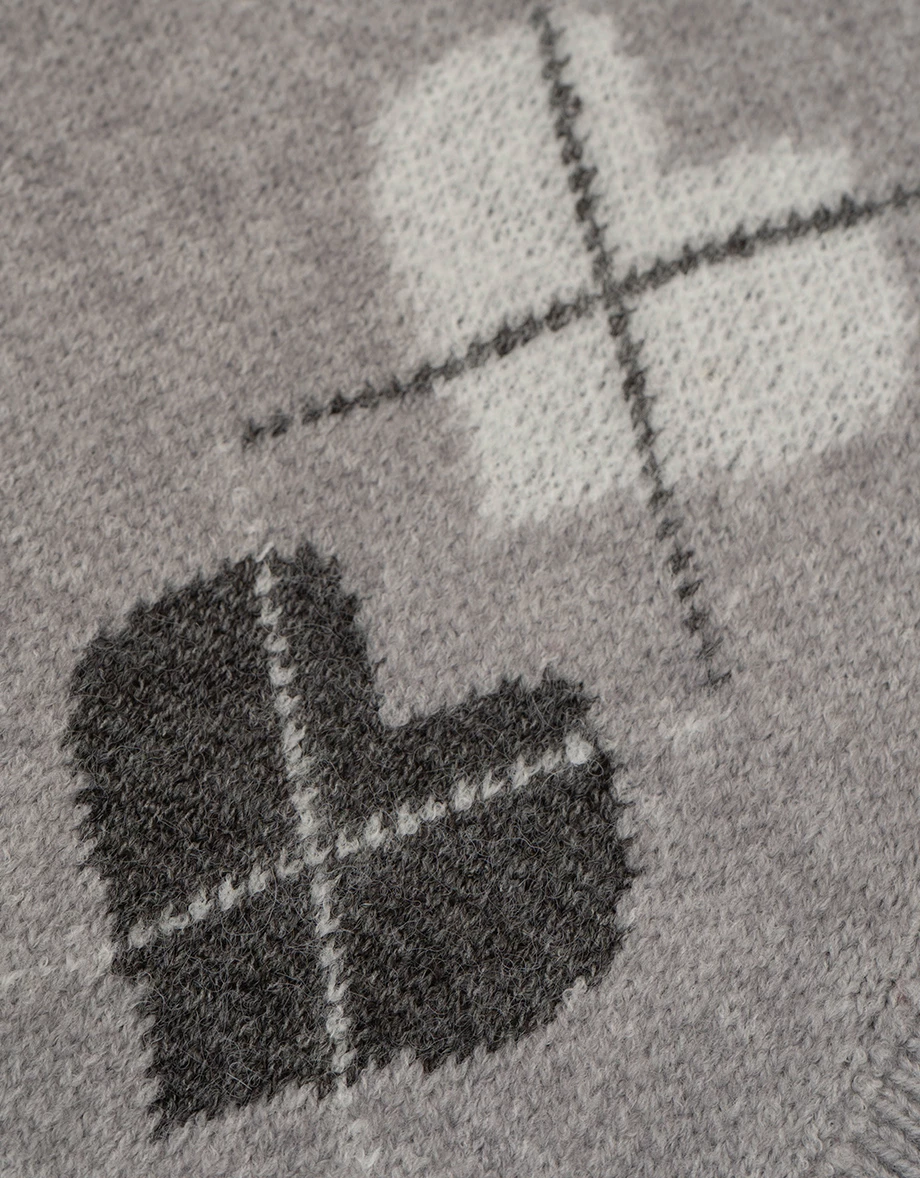 Argyle Heart Pattern Button Front Cropped Knit Cardigan