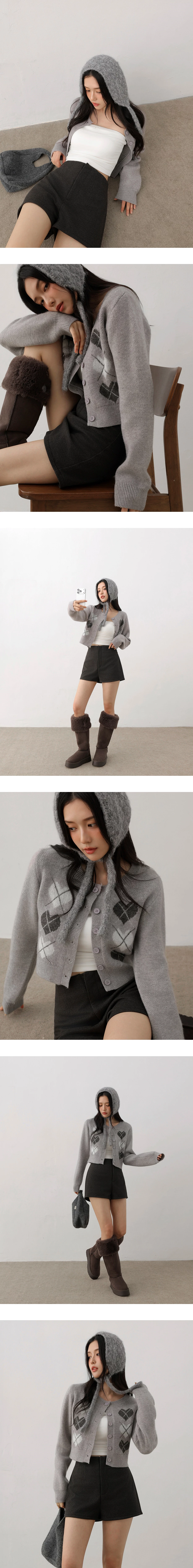 Argyle Heart Pattern Button Front Cropped Knit Cardigan