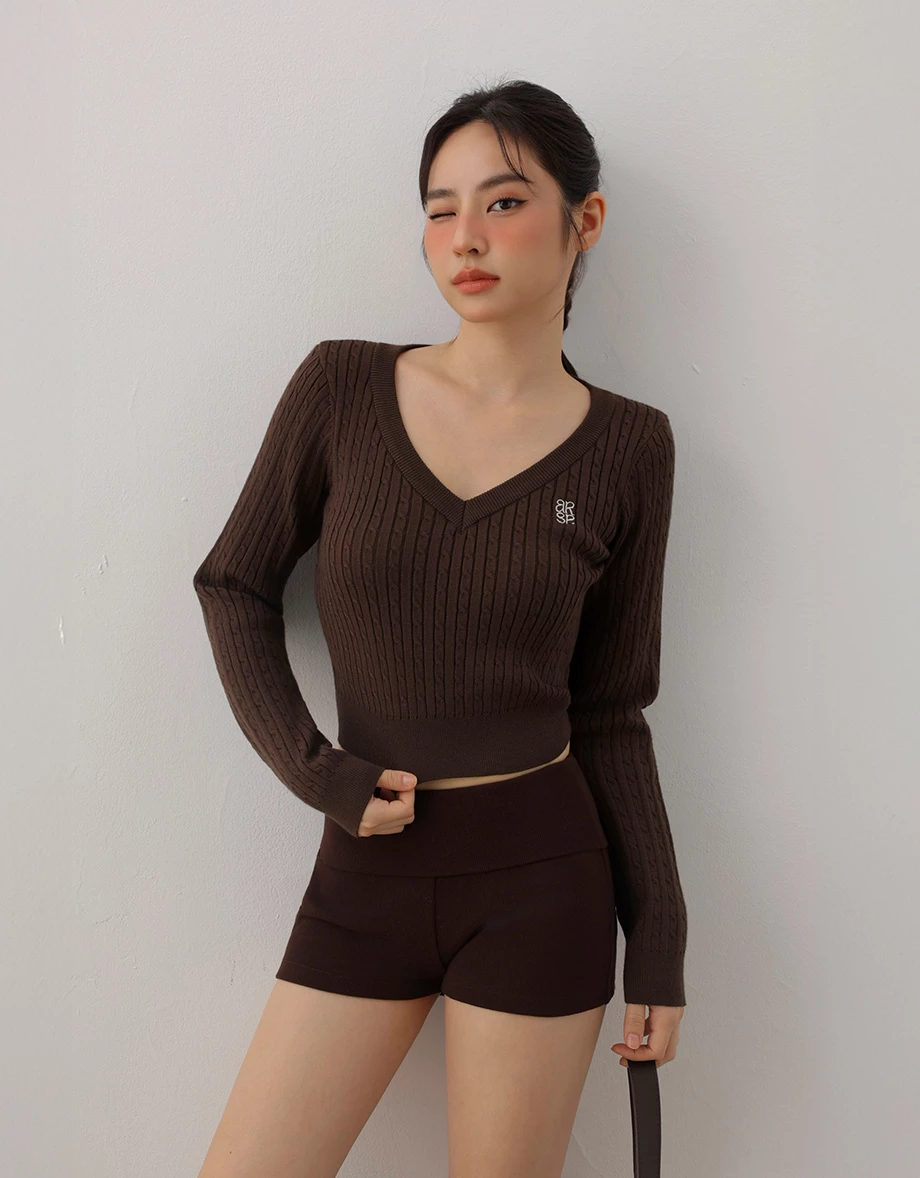 Cable Knit V Neck Sweater Top with AIR SPACE Logo Embroidery