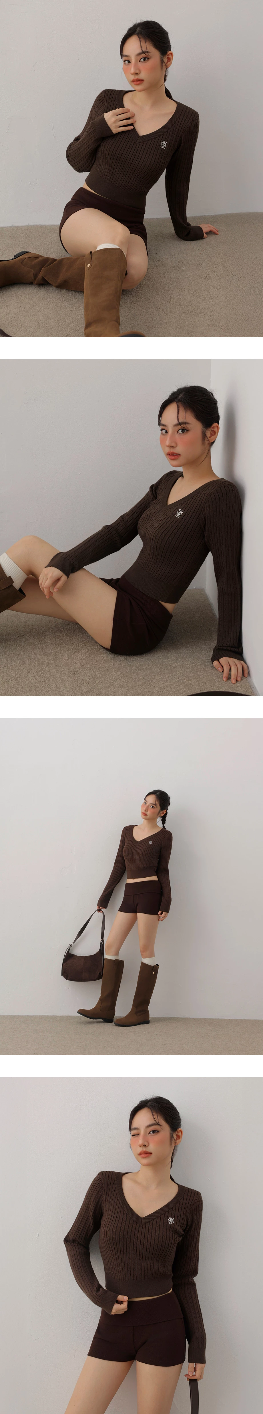 Cable Knit V Neck Sweater Top with AIR SPACE Logo Embroidery