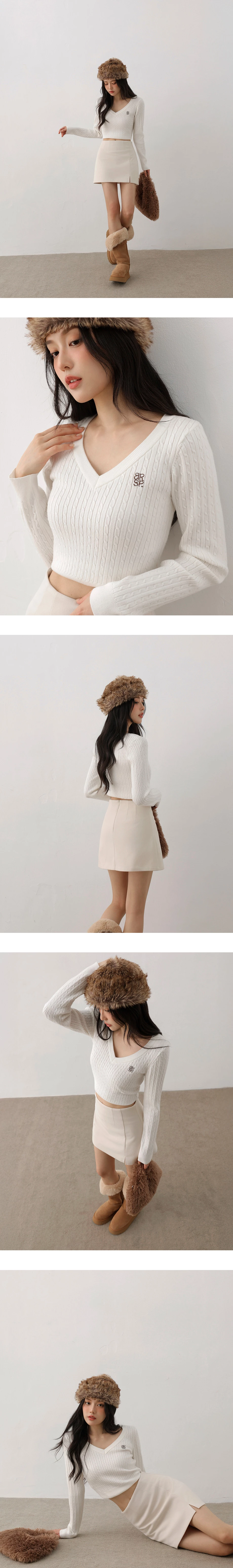 Cable Knit V Neck Sweater Top with AIR SPACE Logo Embroidery