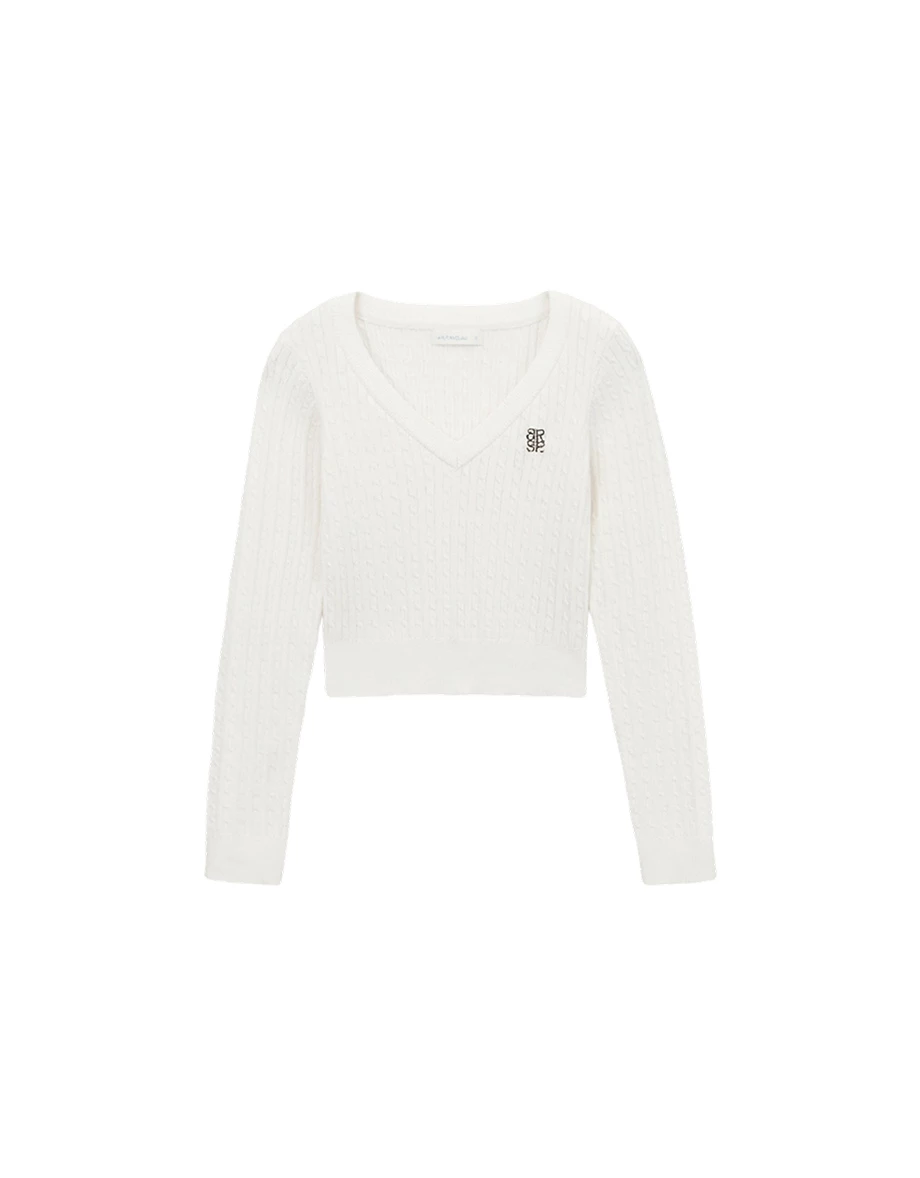 Cable Knit V Neck Sweater Top with AIR SPACE Logo Embroidery