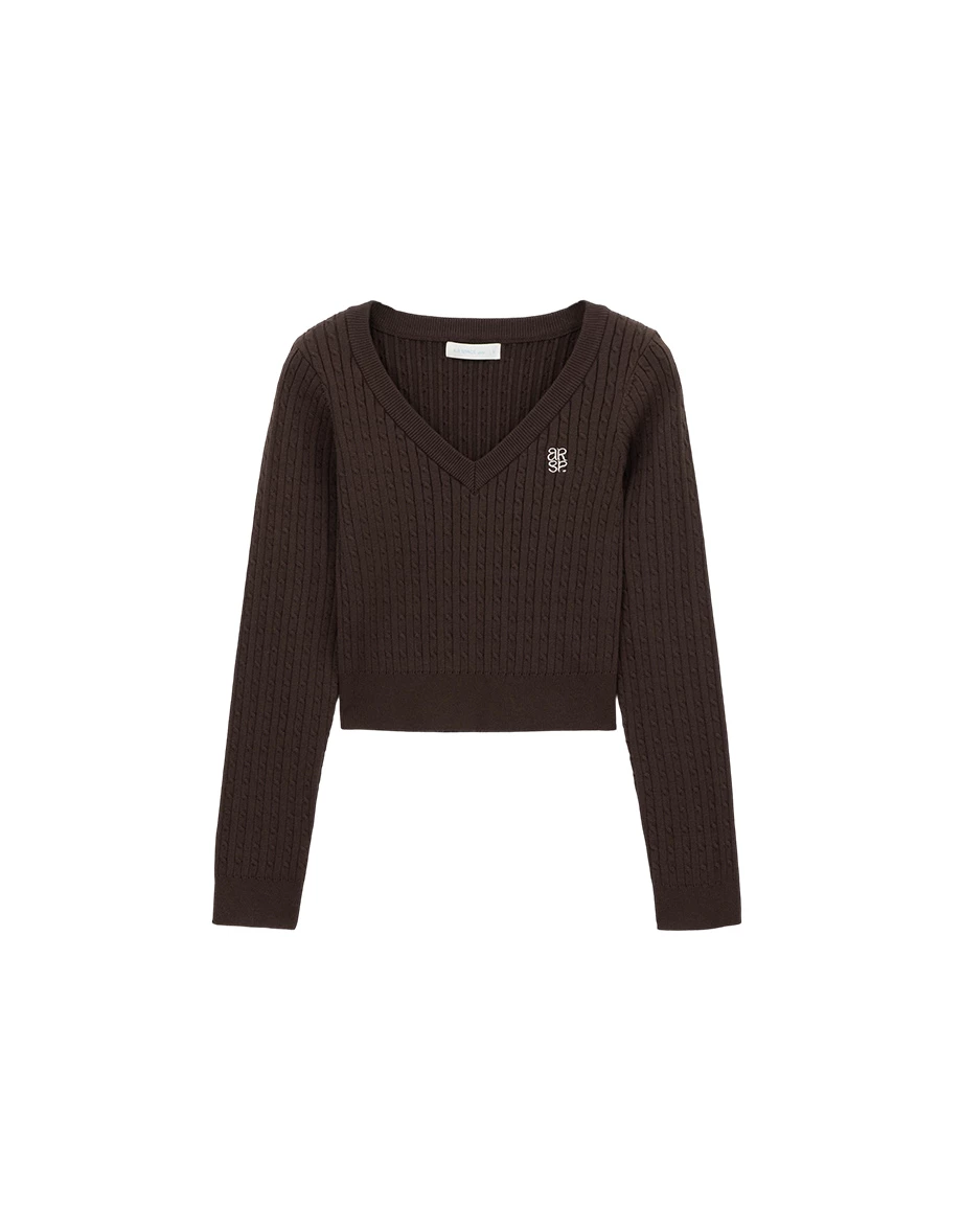 Cable Knit V Neck Sweater Top with AIR SPACE Logo Embroidery