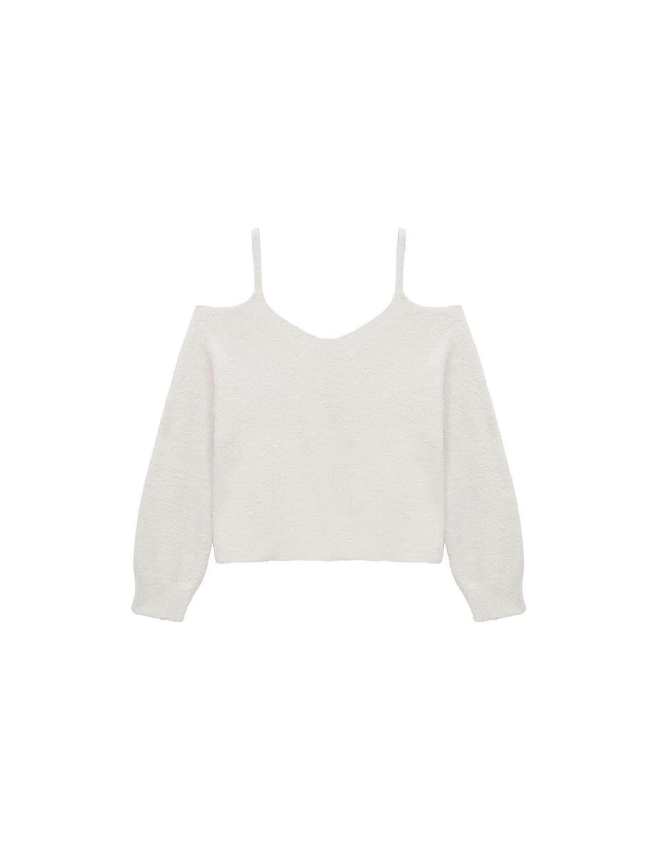 Oversized Fuzzy Cold Shoulder Spaghetti Strap Knit Top