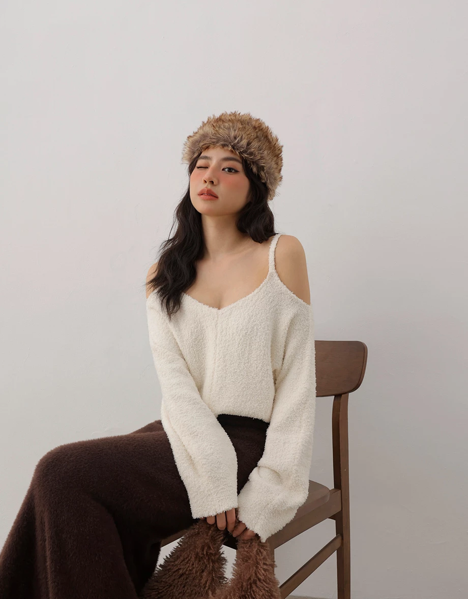 Oversized Fuzzy Cold Shoulder Spaghetti Strap Knit Top