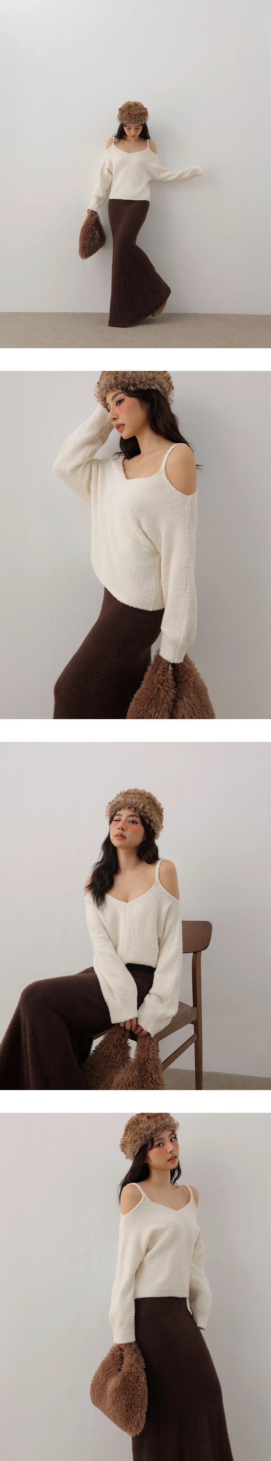 Oversized Fuzzy Cold Shoulder Spaghetti Strap Knit Top