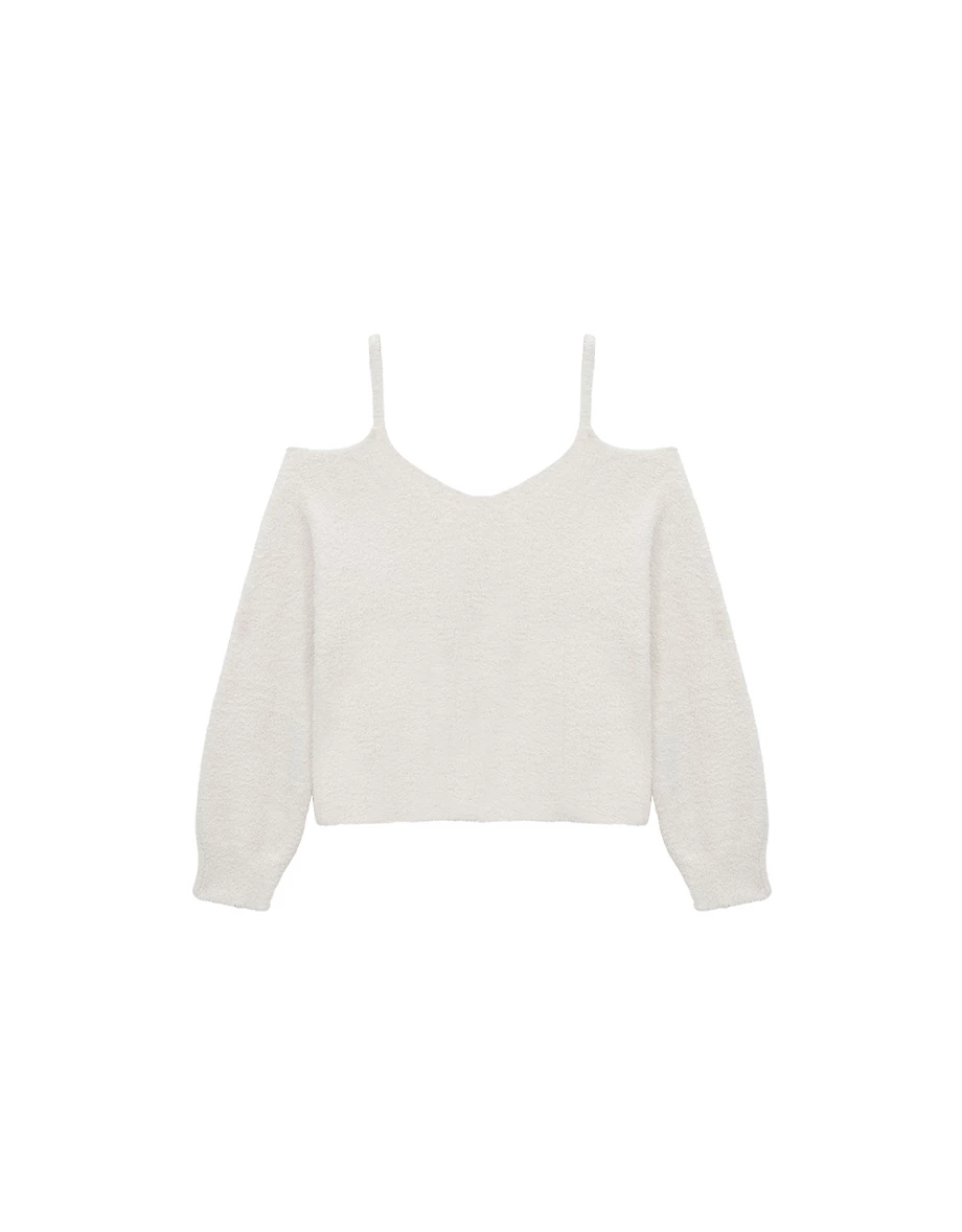 Oversized Fuzzy Cold Shoulder Spaghetti Strap Knit Top